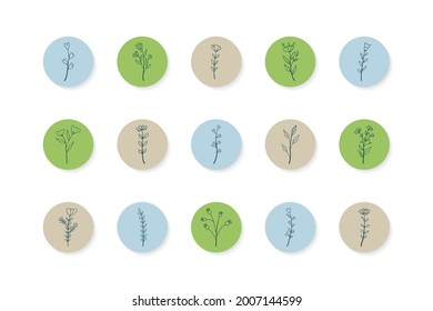 Hand drawn story highlight cover in line art style. Highlight cover set, floral botanical icons for social media.