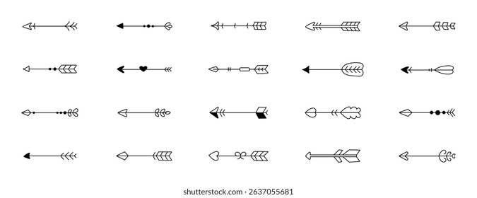 Hand drawn straight arrow set created for navigation design projects with various pointer direction symbols and outline line art style graphic elements