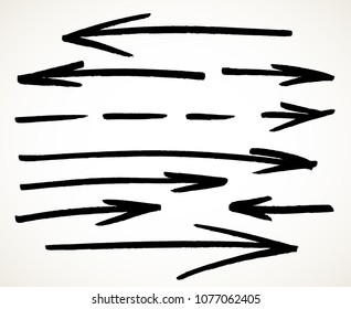 Hand drawn straight arrows set. Collection of symbols in black isolated over white background. Vector illustration.