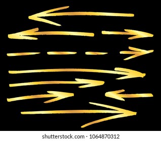 Hand drawn straight golden arrows set. Collection of symbols isolated over black background. Vector illustration.