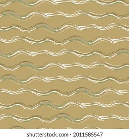 Hand drawn strands of wavy broken stripes.Seamless vector pattern with horizontal irregular fibre strands. Mustard yellow, green, white linear geometric background. Painterly brush rustic repeat