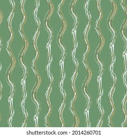 Hand drawn strands of wavy broken stripes.Seamless vector pattern with vertical irregular fibre strands. Linear geometric design on organic green backdrop. Painterly brush stroke rustic all over print