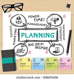 Hand drawn strategy elements on white paper background concept. Use for business, marketing, creative, web design and graphics. Info-graphic inspire to drive your business project. 