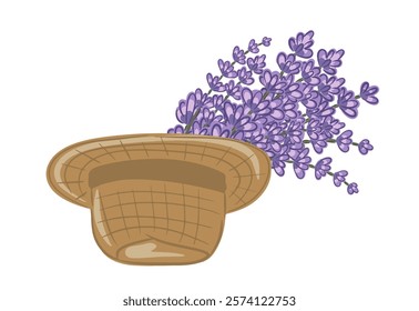 Hand drawn straw hat with a bouquet of lavender flowers overflowing, demonstrating rural charm