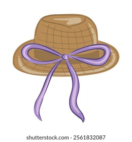 Hand drawn straw hat with a purple ribbon tied around it for a sunny day outdoors