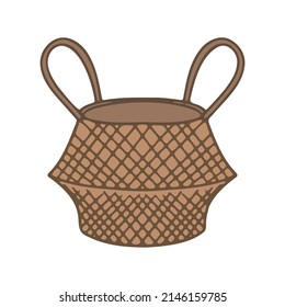 Hand drawn straw wicker basket. Trendy empty basket in doodle style. Straw basket isolated on white background. Boho style home decor.