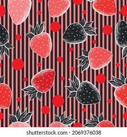 Patrón sin problemas de vectores de fresas sobre fondo a rayas.