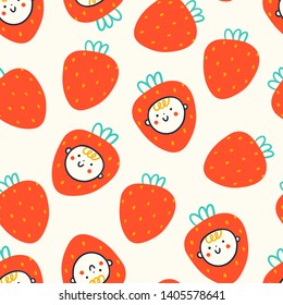 Hand drawn strawberries and little boy's faces. Vector seamless pattern. Colored trendy illustration for kids. Cartoon style. Flat design