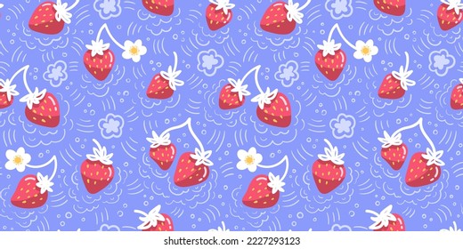 Handgezeichnete Erdbeeren nahtloses Muster. Erdbeeren und Blumen auf blauem Hintergrund. Freehand Kinder drucken. Vektorgrafik.