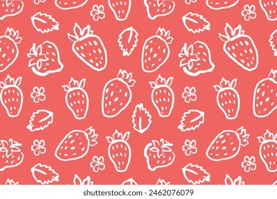 Hand drawn strawberries seamless pattern. Berries on background. Naive art style backdrop. Fruit pattern design for textile, wallpaper, and print.