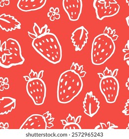 Hand drawn strawberries seamless pattern. Berries on red background. Naive art style backdrop. Fruit pattern design for textile, wallpaper, and print.	