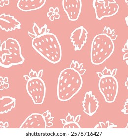 Hand drawn strawberries seamless pattern. Berries on pink background. Naive art style backdrop. Fruit pattern design for textile, wallpaper, and print.