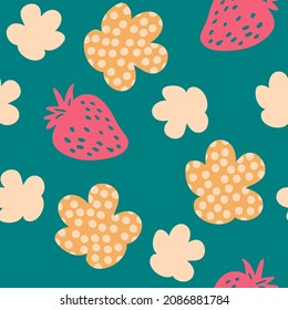 Hand drawn strawberries and spotted flowers seamless pattern. Perfect for T-shirt, textile and prints. Doodle vector illustration for decor and design.

