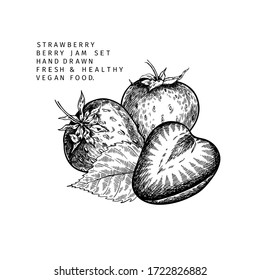Hand drawn strawberry branch, leaf and berry. Engraved vector illustration. Agricultural plant. Summer harvest, jam or marmalade organic vegan ingredient. For menu, package, cosmetic and food design