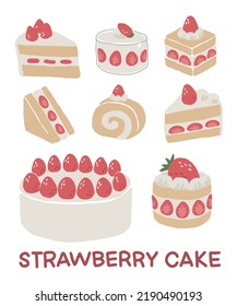 hand drawn Strawberry, strawberry cake art set