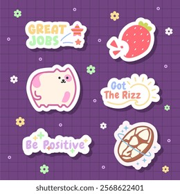 hand drawn strawberry, cats and cookies with motivational word of sticker design set