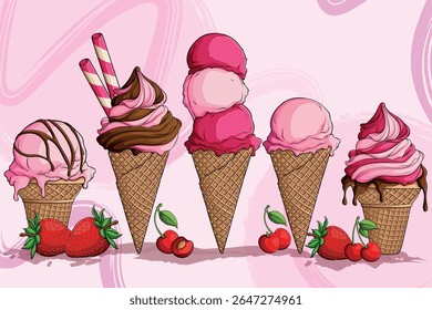 Hand Drawn Strawberry and Cherry Ice Cream Cone Set with Waffle Cups and Chocolate Toppings