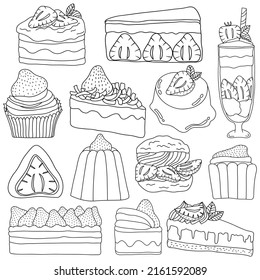 Hand drawn strawberry and chocolate cake and dessert collection in doodle art style on white background