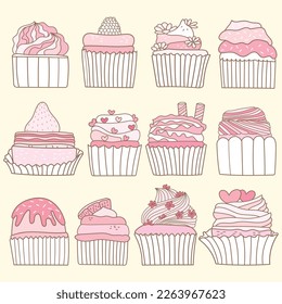 Hand drawn strawberry cupcake collection in doodle art style on soft yellow background