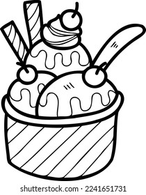Hand Drawn Strawberry flavored ice cream with cups illustration isolated on background