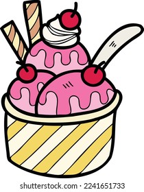 Hand Drawn Strawberry flavored ice cream with cups illustration isolated on background