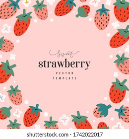 Hand drawn strawberry frame template, circle border with copyspace for text, vector composition with cute doodle red berries on pink background, modern design, good as banner or card