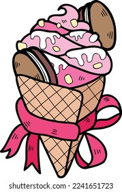 Hand Drawn Strawberry Ice Cream Cone illustration isolated on background