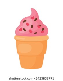 Hand drawn Strawberry Ice cream with Heart and Choco Sprinkles topping in waffle cone. Cute frozen dessert animated vector illustration for valentines day element decoration
