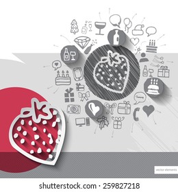 Hand drawn strawberry icons with icons background. Vector illustration