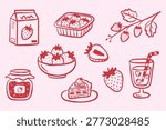 Hand drawn strawberry illustration set in flat minimal line style. Strawberry in different forms: fresh berry, sliced, branch, packaging, bowl, jam, dessert and drink. Perfect for food design, packaging, menu and summer projects.