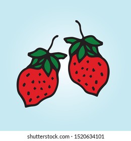Hand drawn strawberry isolated on blue background in unique trendy organic style. Vector illustration for menu design, packaging, cooking book.