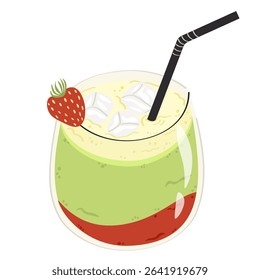 Hand drawn strawberry latte in a transparent glass. Healthy summer cold drink made of green tea, red berries, with ice and a straw isolated on white background