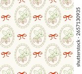 Hand drawn strawberry pattern with vintage frame and ribbon. Retro countryside style design for fabric, stationery, wrapping paper, and cottage core inspired packaging. Vector doodle illustration.