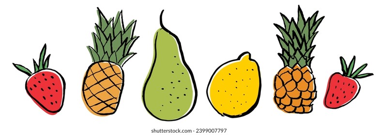 Hand drawn strawberry, pineapple, pear, lemon. Vector illustration. Drawn with brush and ink. Juicy fruits sketch.