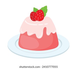 Hand drawn Strawberry Pudding Dessert in White Plate with fruits topping sweet food cartoon vector illustration isolated on white background