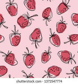 Hand drawn strawberry  seamless vector pattern. Red strawberries with black doodle stroke on a pink background