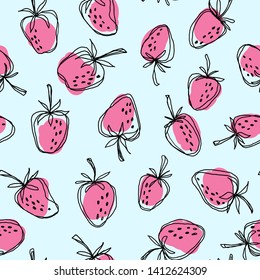 Hand drawn strawberry  seamless vector pattern. Pink berries on the blue background