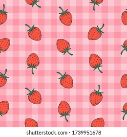 Hand drawn strawberry seamless vector pattern. Pink strawberry with black doodle stroke on pink pastel background.