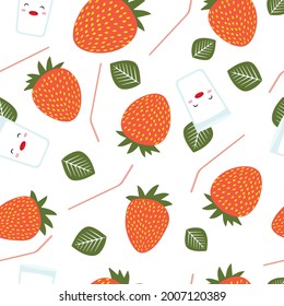 Hand drawn strawberry seamless vector pattern. Red berries with milk and yogurt