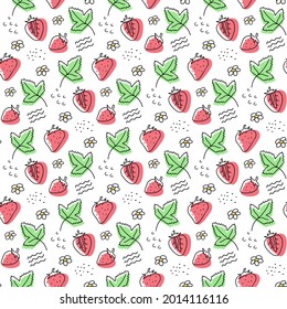 Hand drawn strawberry seamless vector pattern. berries, leaves.