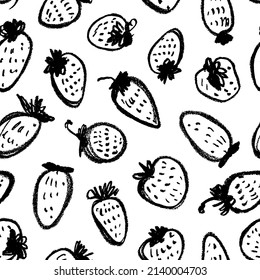 Patrón vectorial sin costuras de fresa dibujada a mano. Dibujos de doodles negros. Alinear trazos de pincel con textura. Patrón tropical sin foco con fresa. Ilustración de tinta aislada en fondo blanco