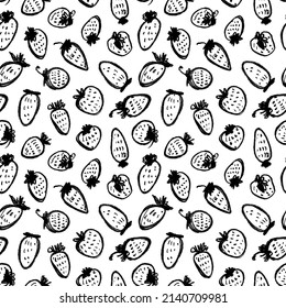 Patrón vectorial sin costuras de fresa dibujada a mano. Dibujos de doodles negros. Alinear trazos de pincel con textura. Patrón tropical sin foco con fresa. Ilustración de tinta aislada en fondo blanco