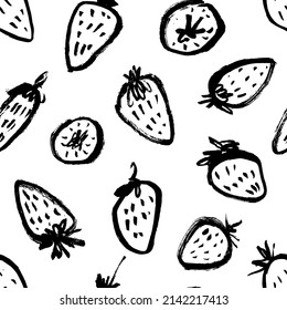 Hand drawn strawberry seamless vector pattern. Black doodle sketches. Line brush strokes with texture. Seamless tropical pattern with strawberry. Ink illustration isolated on white background