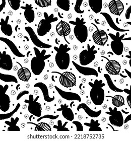 Hand drawn strawberry seamless vector pattern. Black doodle sketches. Line brush strokes with texture. Seamless tropical pattern with strawberry. Ink illustration isolated on white background
