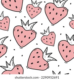 Hand drawn strawberry seamless vector pattern. Big and small pink strawberries with drops and black doodle stroke on white background