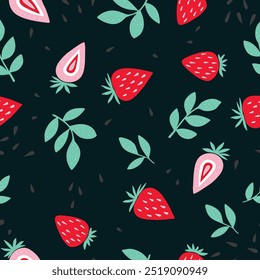 Hand drawn strawberry seamless vector pattern. Pink strawberries and green leaves with black doodle stroke on vanilla background