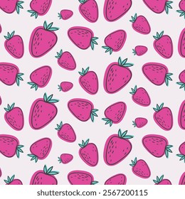 Hand drawn strawberry seamless vector pattern. Pink strawberries and green leaves with black doodle stroke on vanilla background