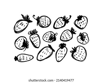 Hand drawn strawberry vector collection. Black doodle sketches. Line brush strokes with texture. Fruits cliparts. Ink illustration isolated on white background. Abstract strawberry drawings