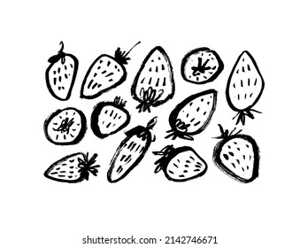 Hand drawn strawberry vector collection. Black doodle sketches. Line brush strokes with texture. Fruits cliparts. Ink illustration isolated on white background. Abstract strawberry drawings