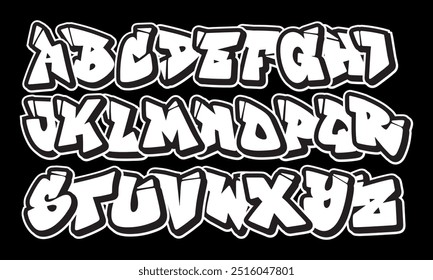 Hand drawn street alphabet in graffiti style. youthful urban atmosphere. vector graffiti alphabet on black background